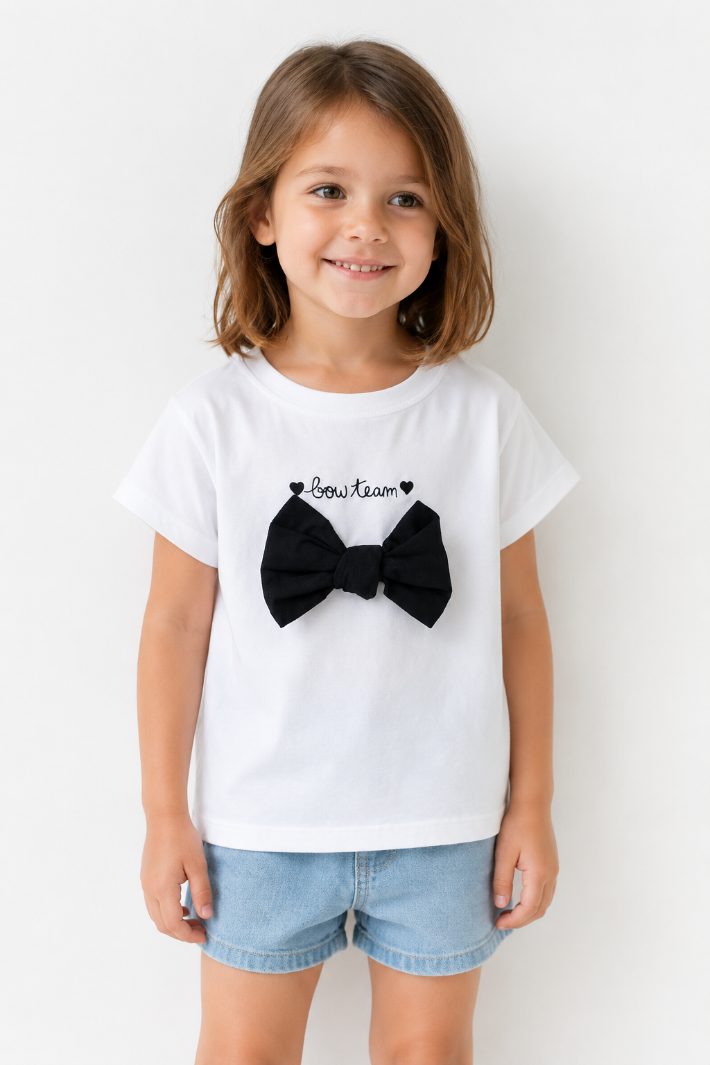 White Cotton T-Shirt with Black Bow