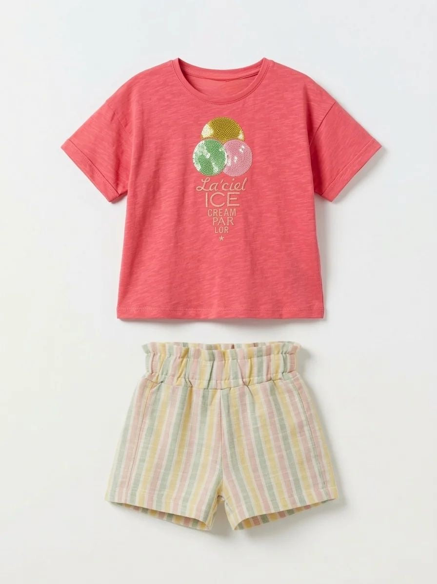 Ice Cream T-Shirt & Pastel Striped Shorts Set