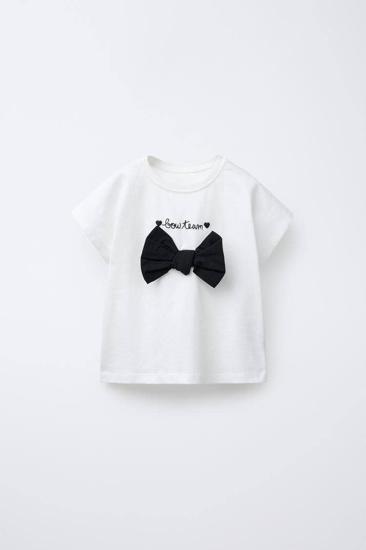 White Cotton T-Shirt with Black Bow