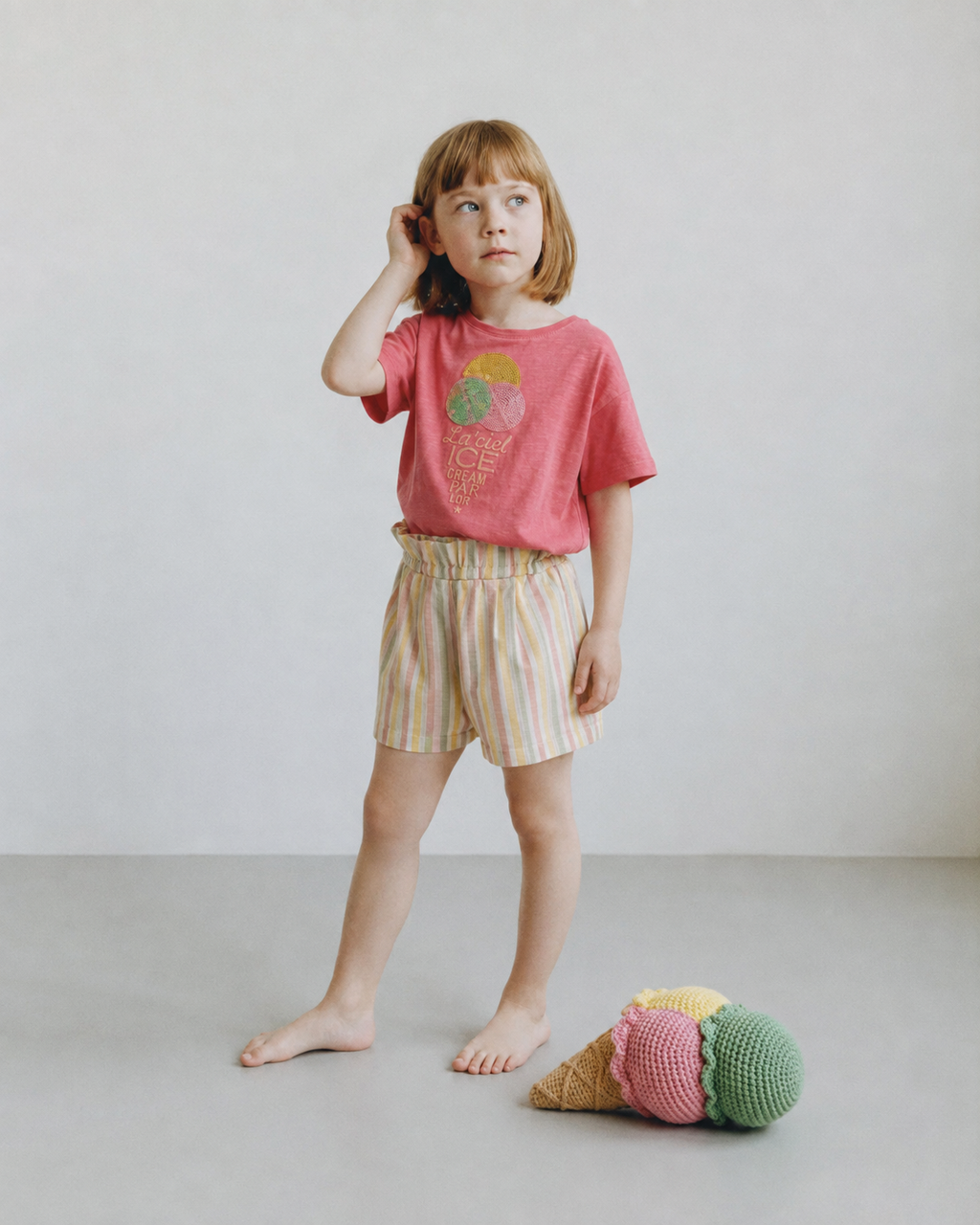 Ice Cream T-Shirt & Pastel Striped Shorts Set