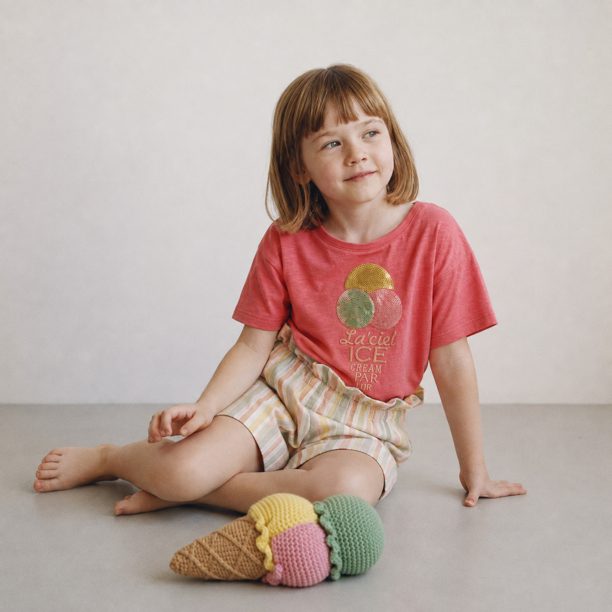 Ice Cream T-Shirt & Pastel Striped Shorts Set
