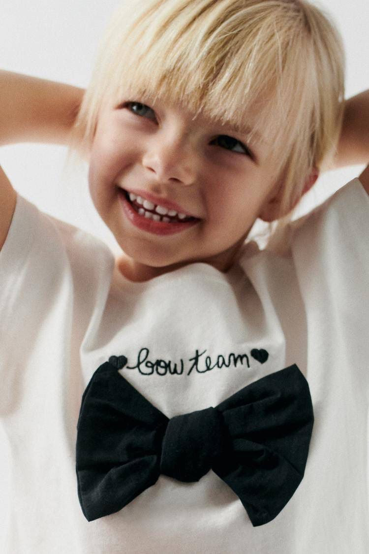 White Cotton T-Shirt with Black Bow