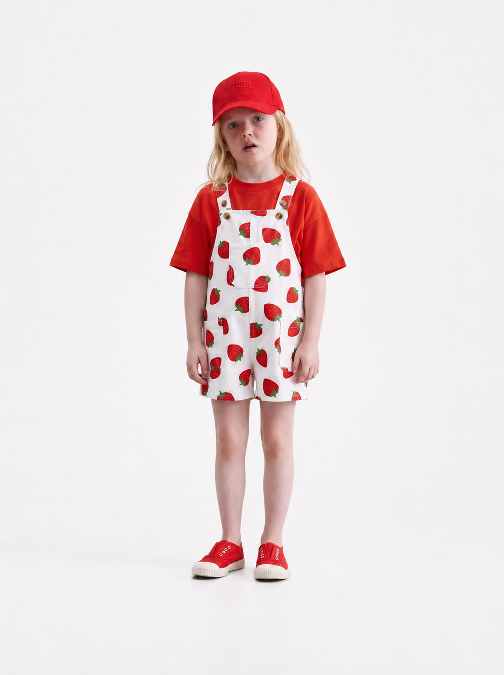 Strawberry Print Cotton Short Overalls