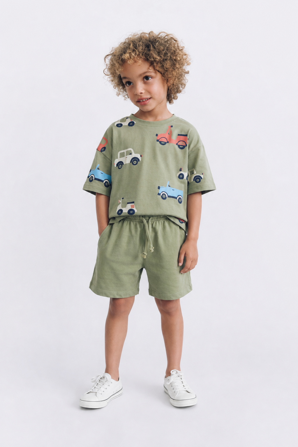 Olive Green Car Print T-Shirt & Shorts Set
