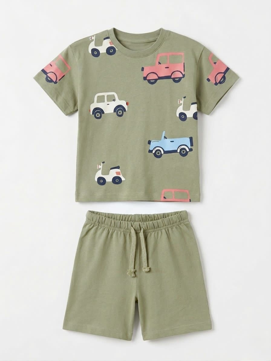 Olive Green Car Print T-Shirt & Shorts Set