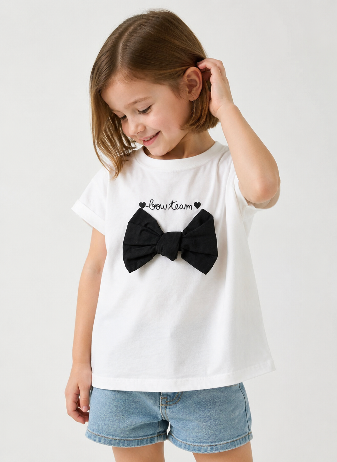 White Cotton T-Shirt with Black Bow