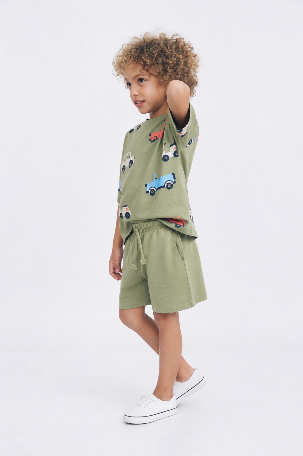 Olive Green Car Print T-Shirt & Shorts Set